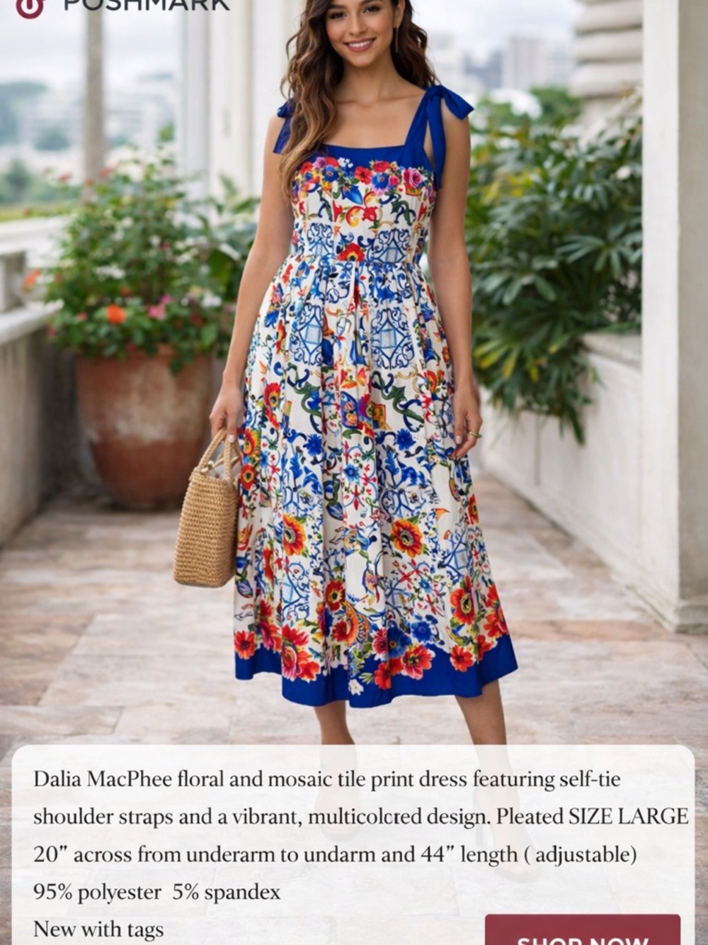 Dalia MacPhee Floral Mosaic Tile Midi Dress Tie Shoulder Pleated NWT Size Large